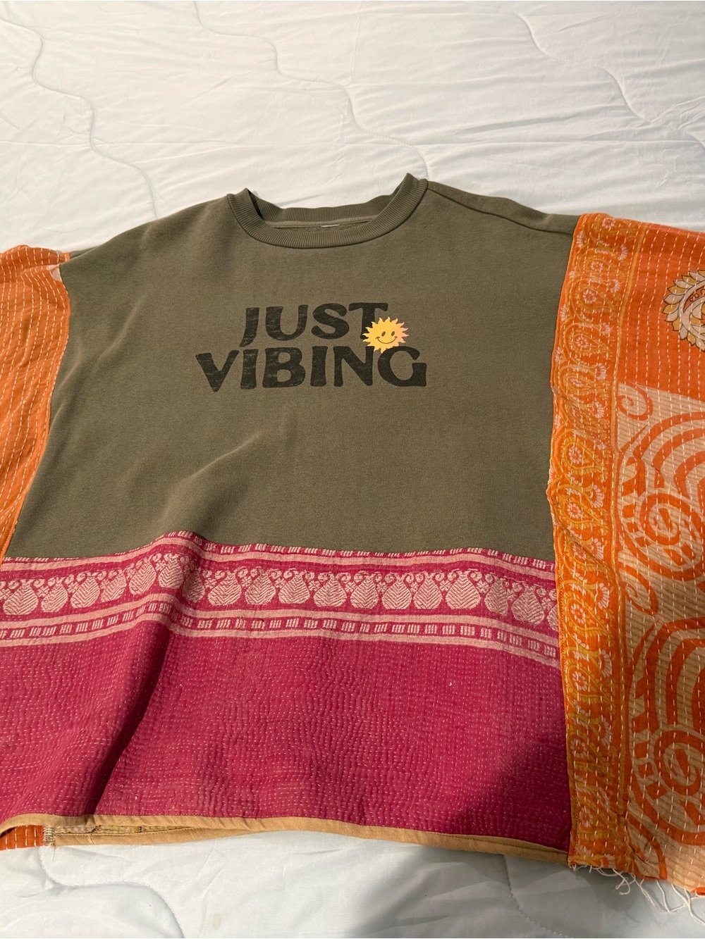 Just Vibing Olive Green Graphic Sweatshirt Poncho  with Colorblock Accents